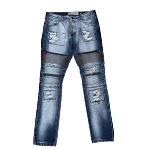 Iro-Ochi Mens Biker Moto Jeans Blue Distressed Ribbed Zippers 34 punk streetwear